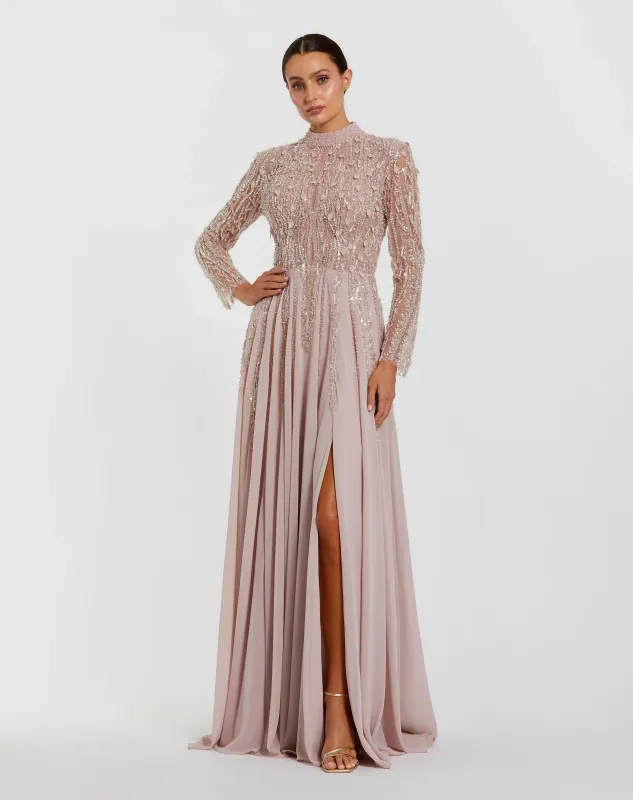 Embellished Long Sleeve Gown with Slit made by Mac Duggal
