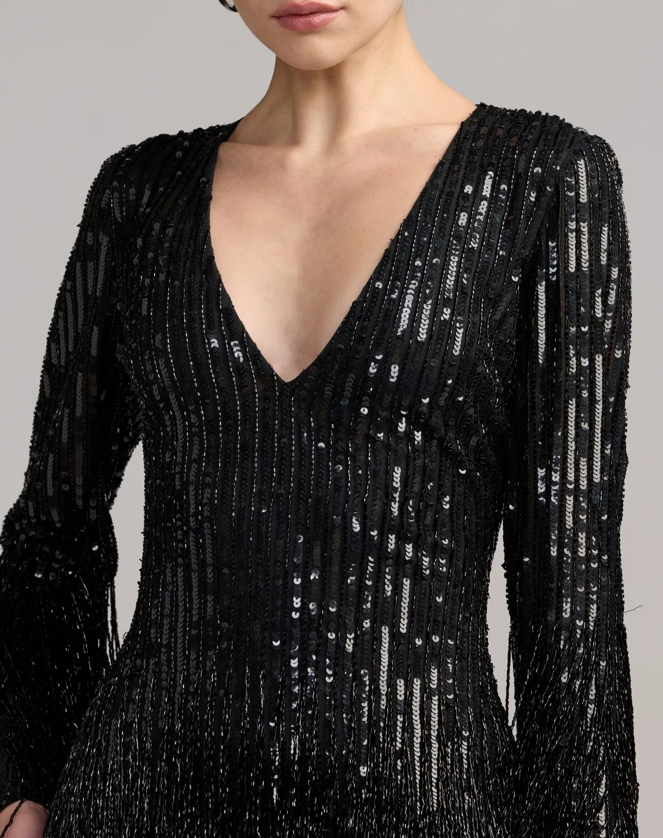Black Long Sleeve V-Neck Beaded Fringe Mini Dress sold by Mac Duggal product image thumbnail 2