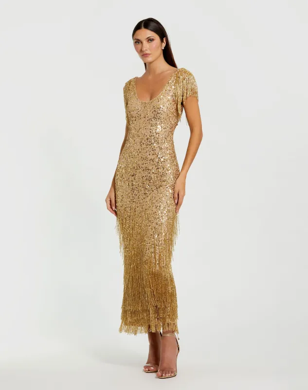Gold Beaded Fringe Scoop Neck Midi Dress made by Mac Duggal