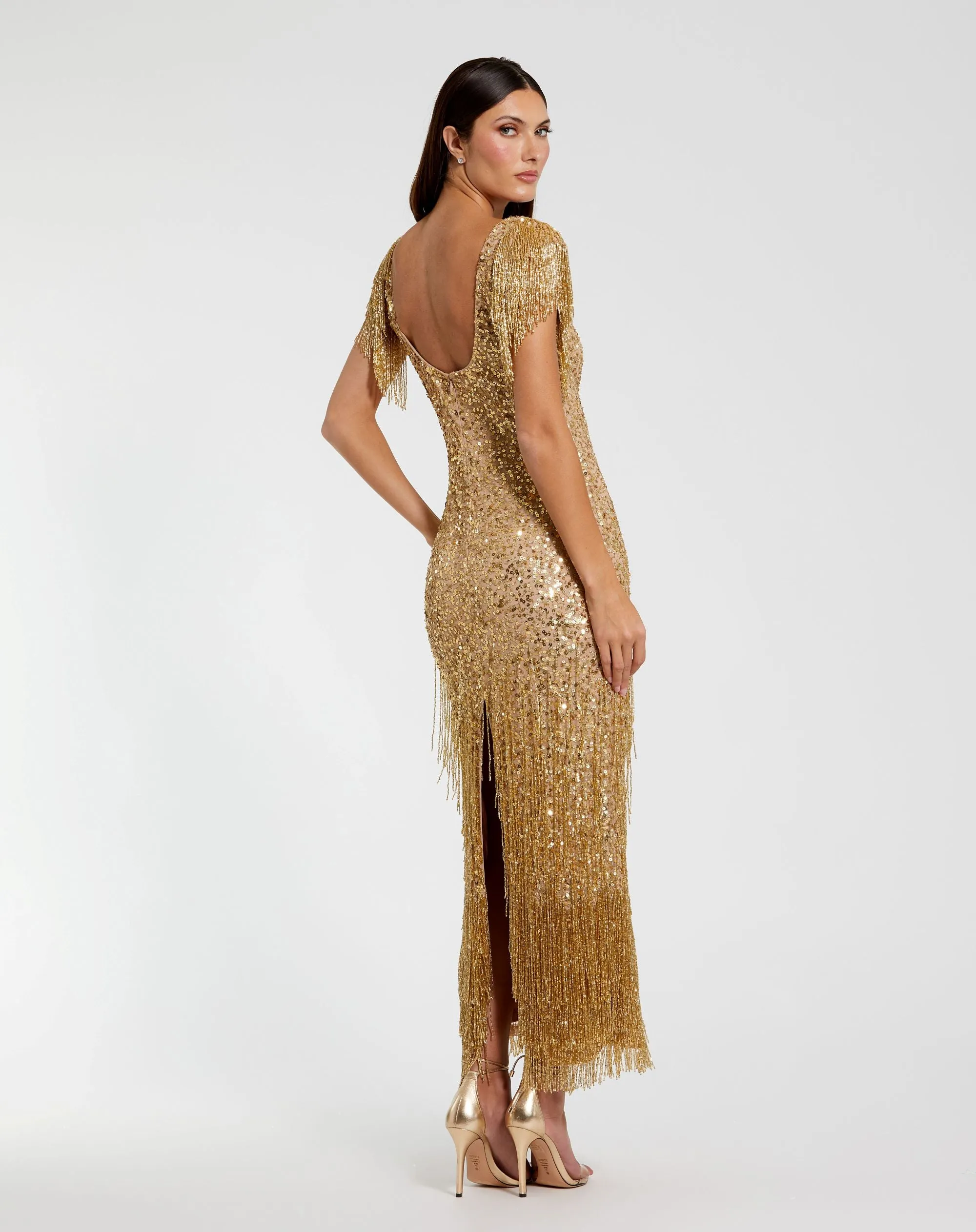 Gold Beaded Fringe Scoop Neck Midi Dress sold by Mac Duggal product image thumbnail 3