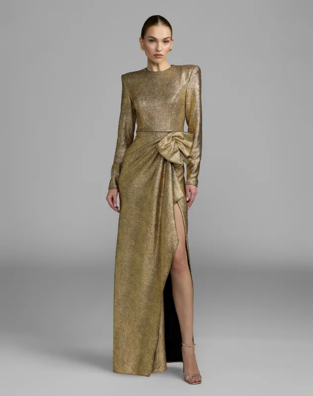 Gold Metallic Long Sleeve Evening Gown with Sculpted Bow made by Mac Duggal