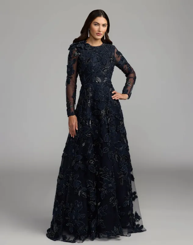 Midnight Floral Embellished Long Sleeve Gown made by Mac Duggal