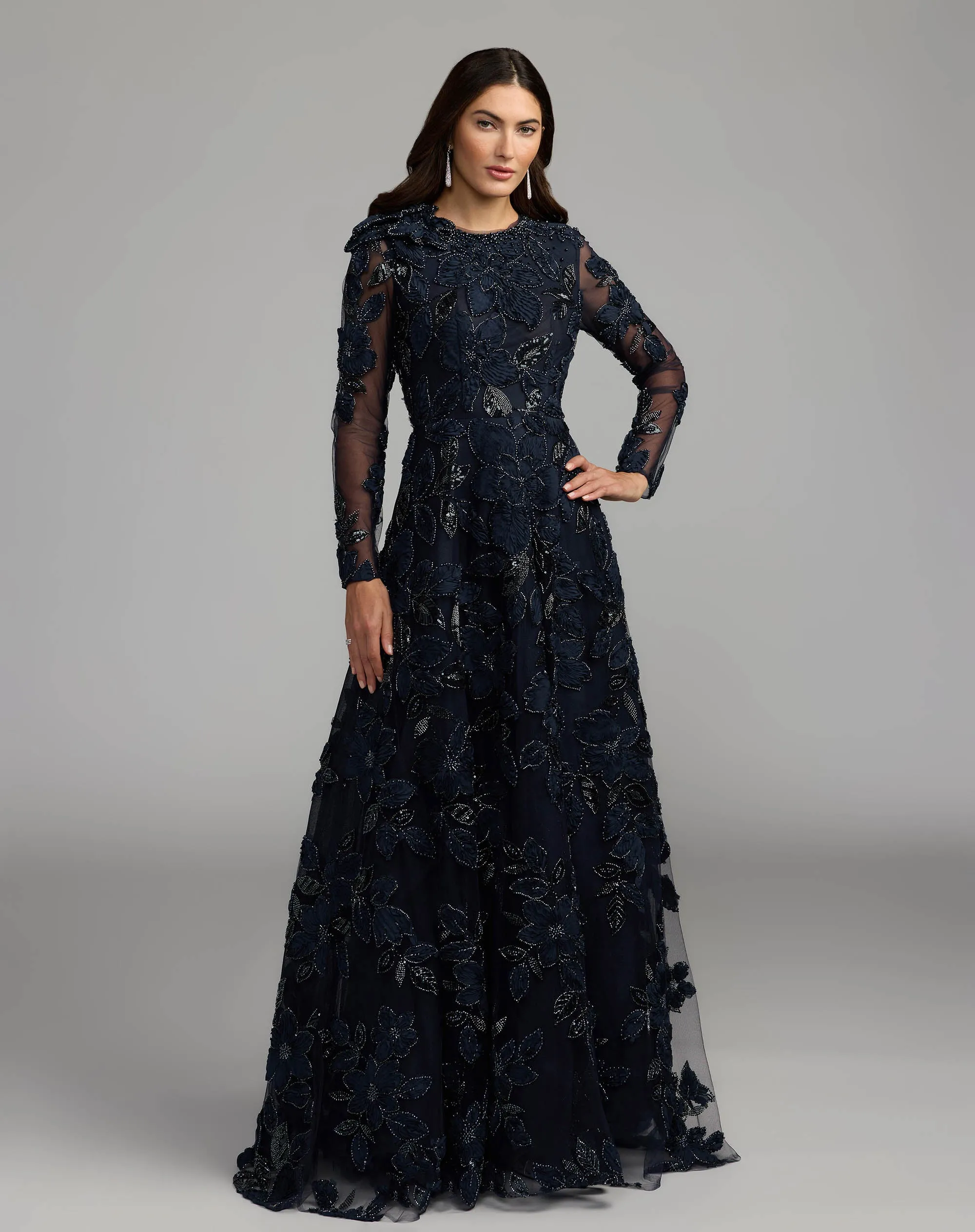 Midnight Floral Embellished Long Sleeve Gown sold by Mac Duggal