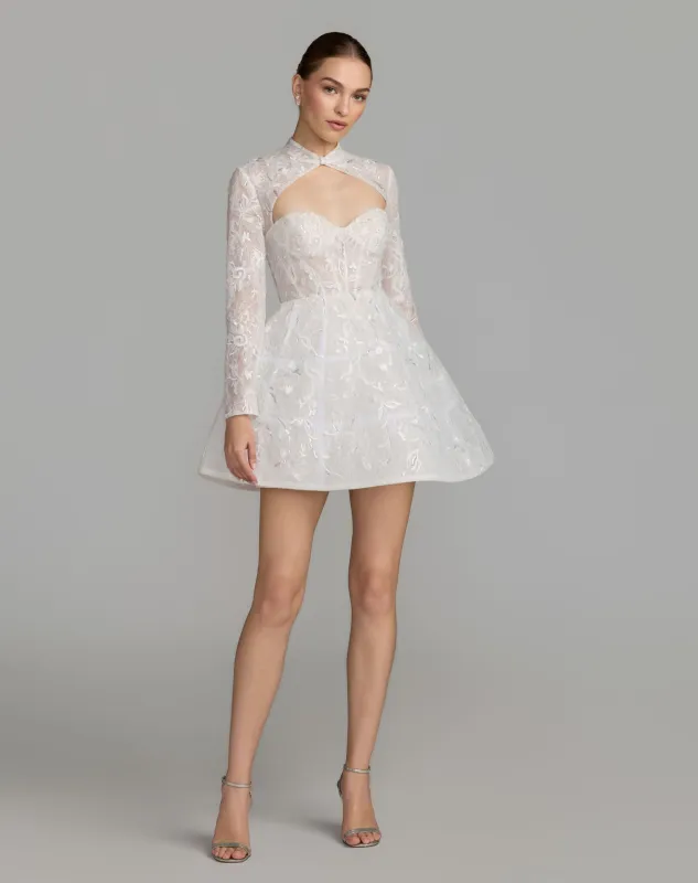 White Long Sleeve Lace A-Line Mini Dress made by Mac Duggal