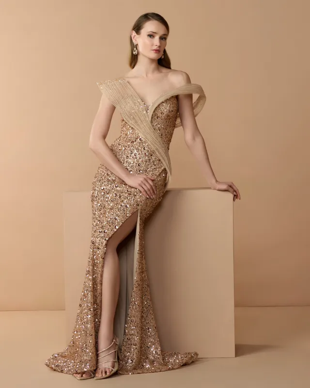 Gold Embellished Strapless Gown With Sculptural Drape made by Mac Duggal