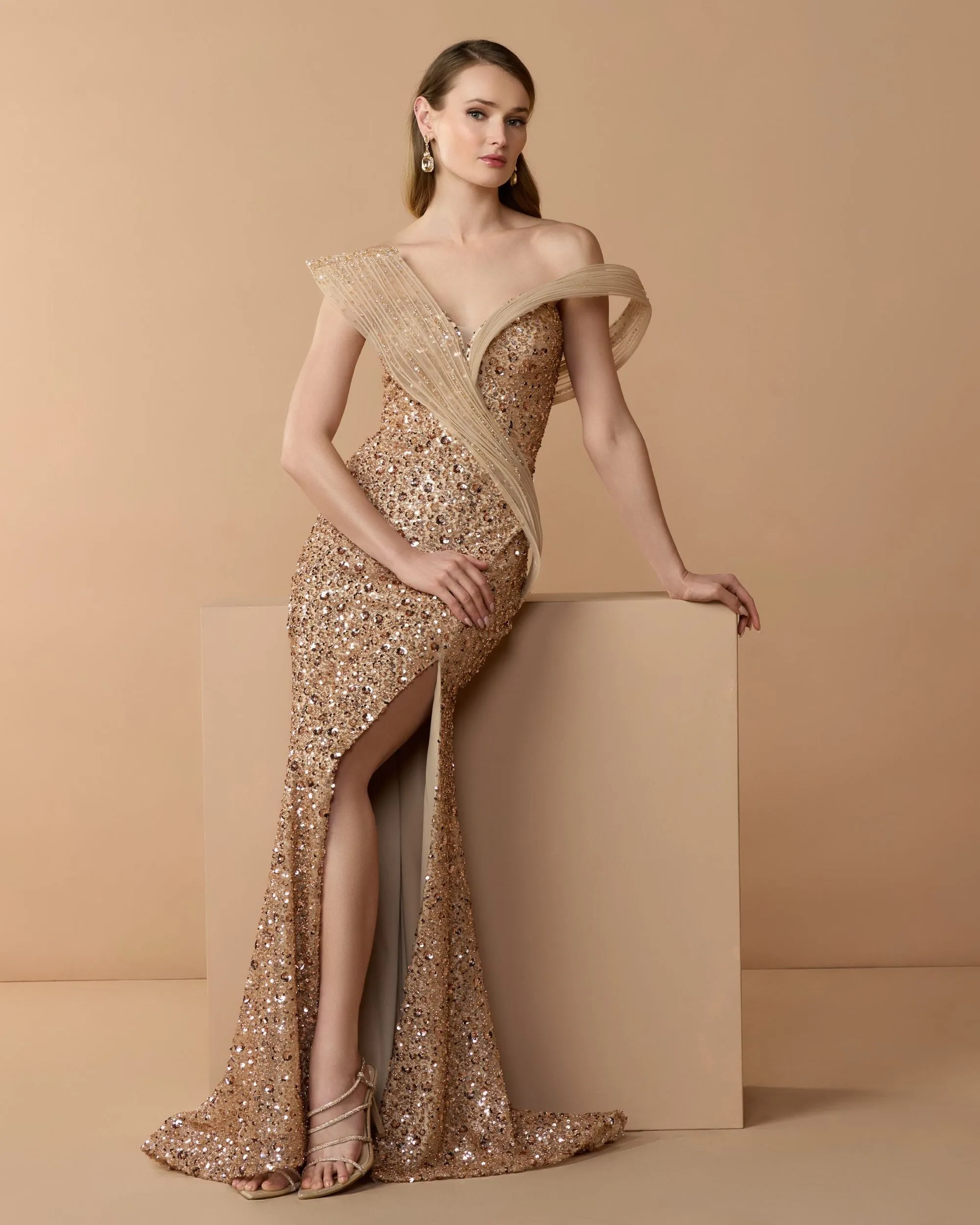 Gold Embellished Strapless Gown With Sculptural Drape sold by Mac Duggal