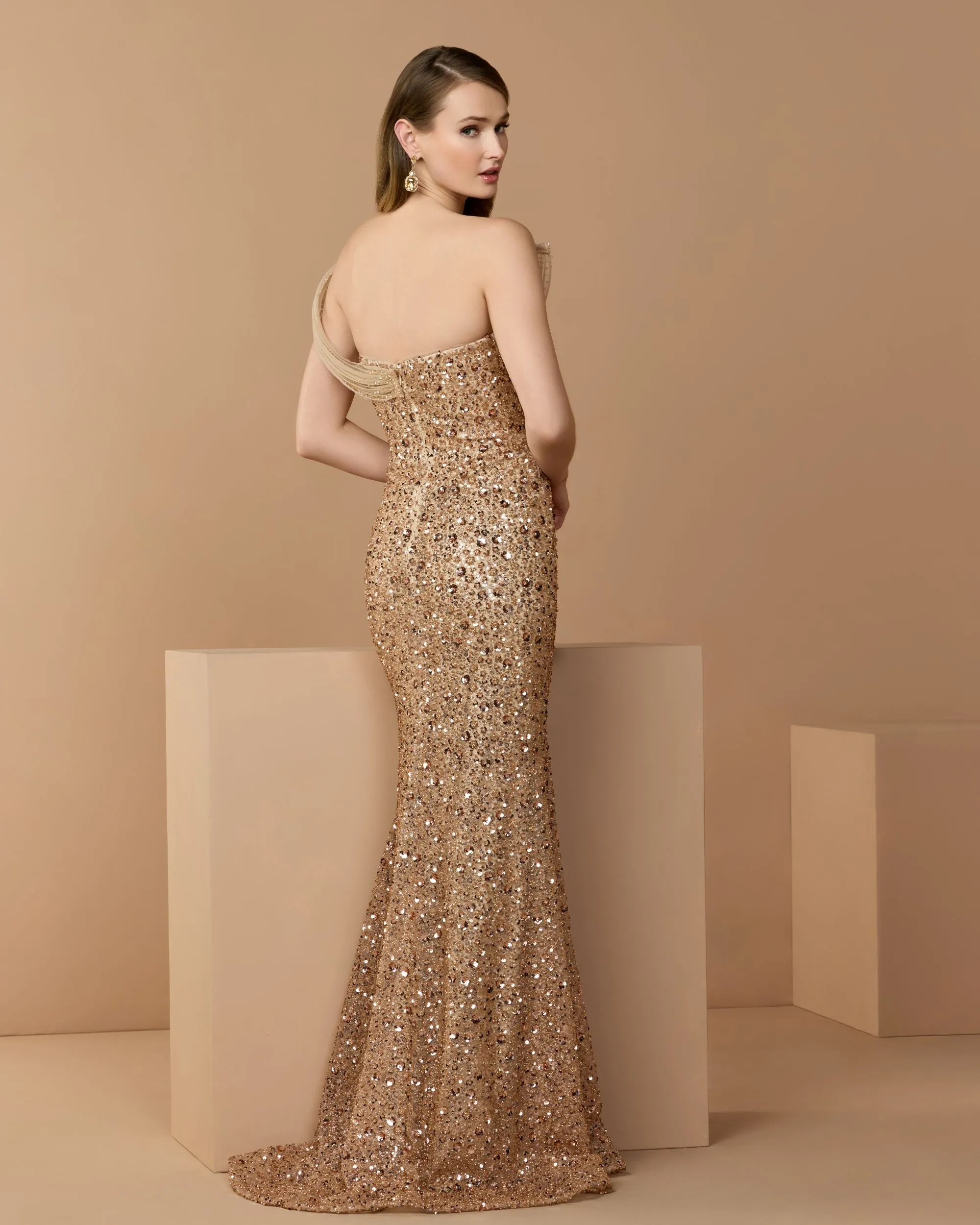 Gold Embellished Strapless Gown With Sculptural Drape sold by Mac Duggal product image thumbnail 3