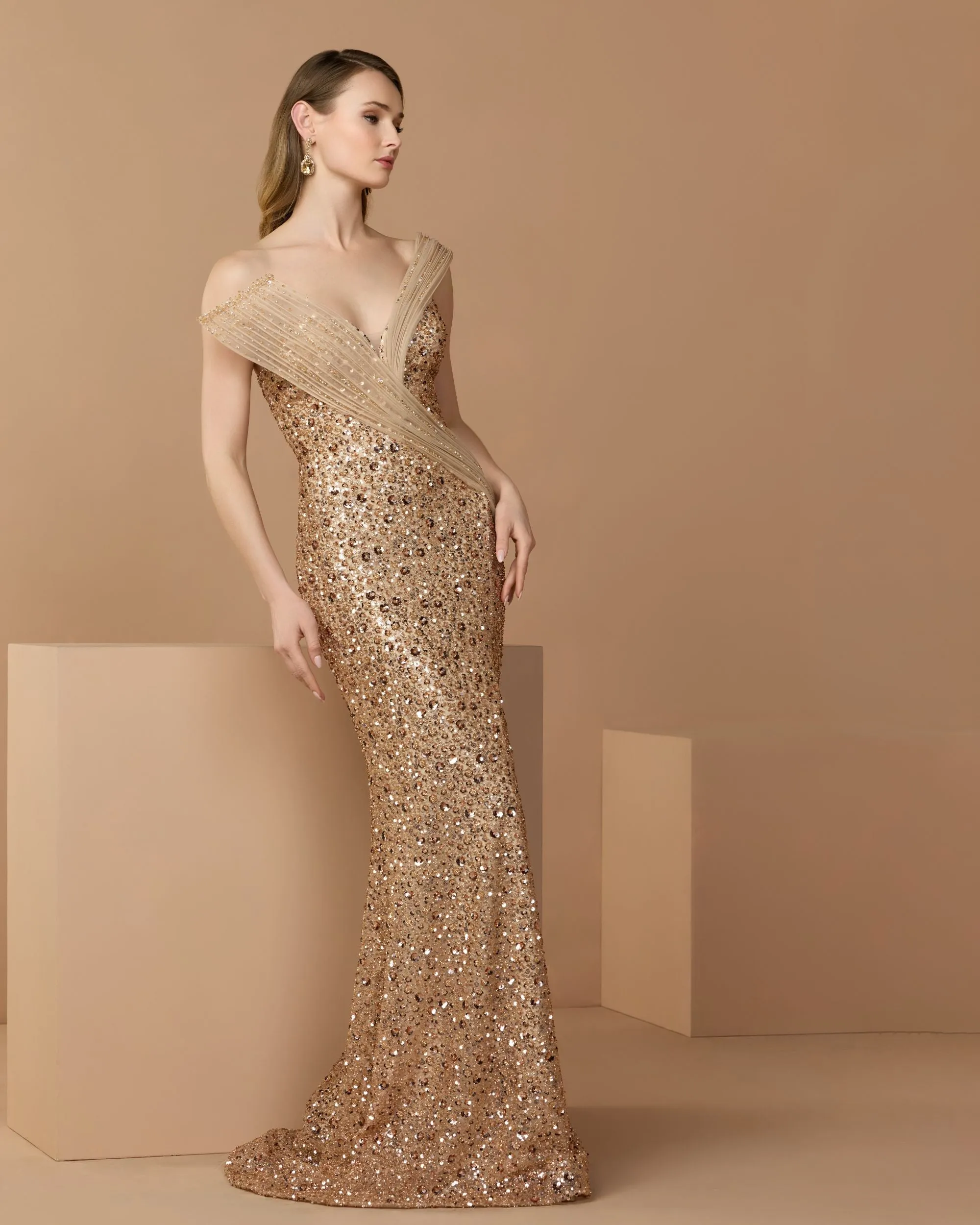 Gold Embellished Strapless Gown With Sculptural Drape sold by Mac Duggal product image thumbnail 2