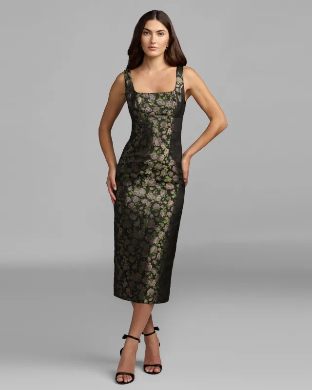 Black Multi Floral Brocade Midi Dress made by Mac Duggal