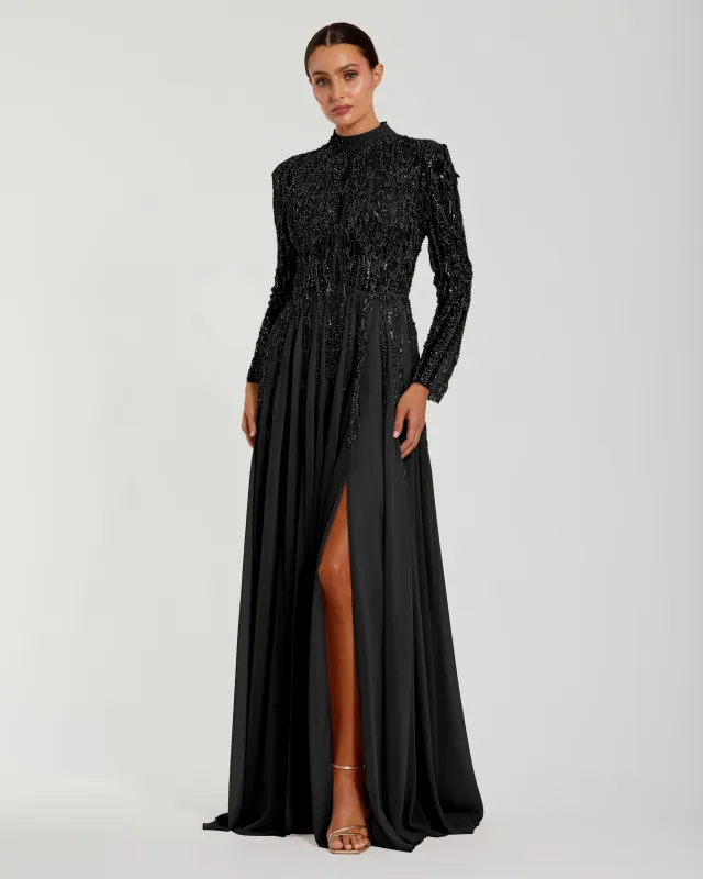 Petite Black Embellished Long Sleeve Gown with Slit made by Mac Duggal