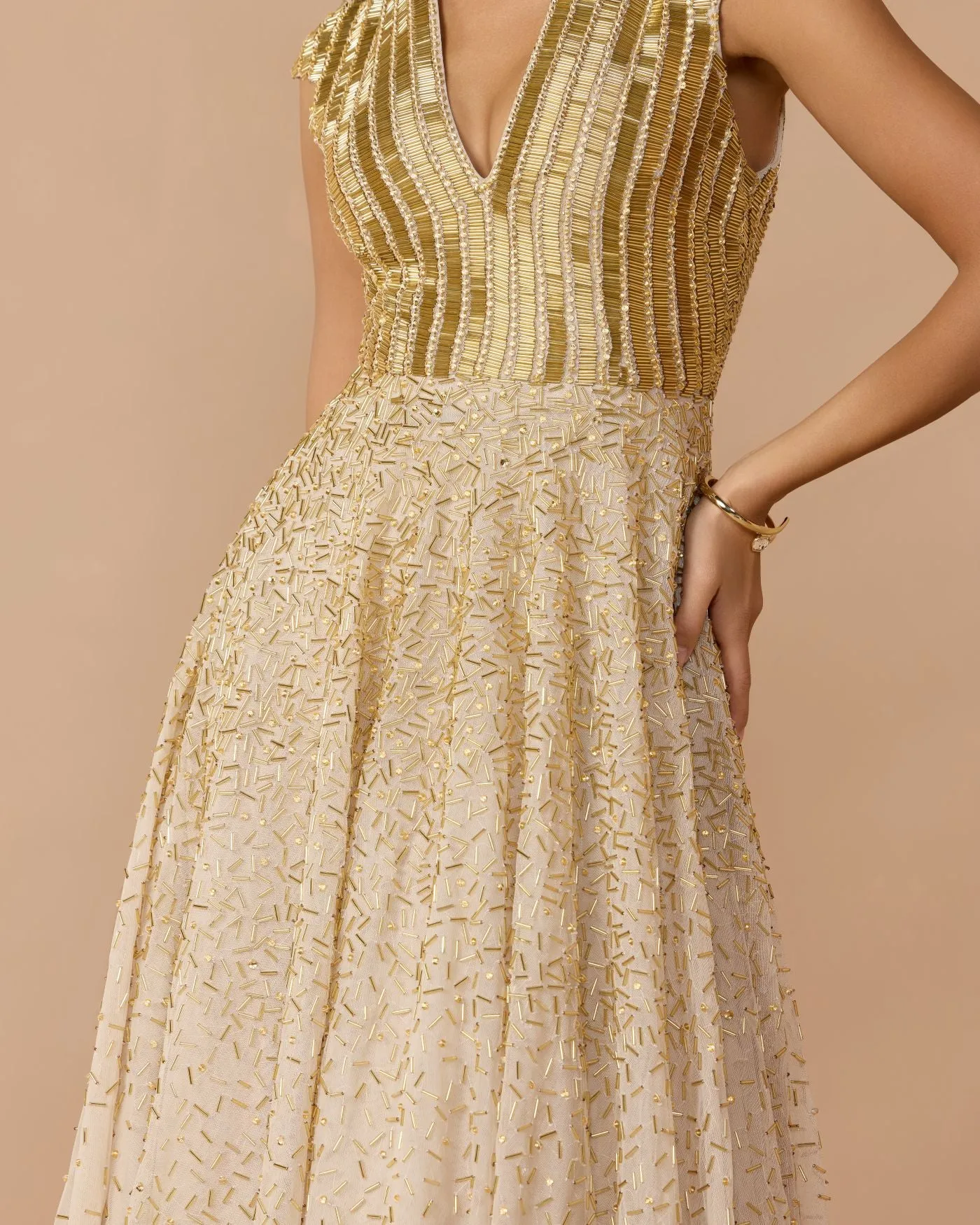Gold V-Neck Beaded Tulle A-Line Gown sold by Mac Duggal product image thumbnail 2