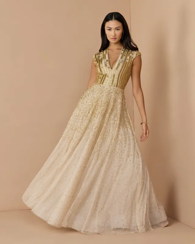 Gold V-Neck Beaded Tulle A-Line Gown made by Mac Duggal