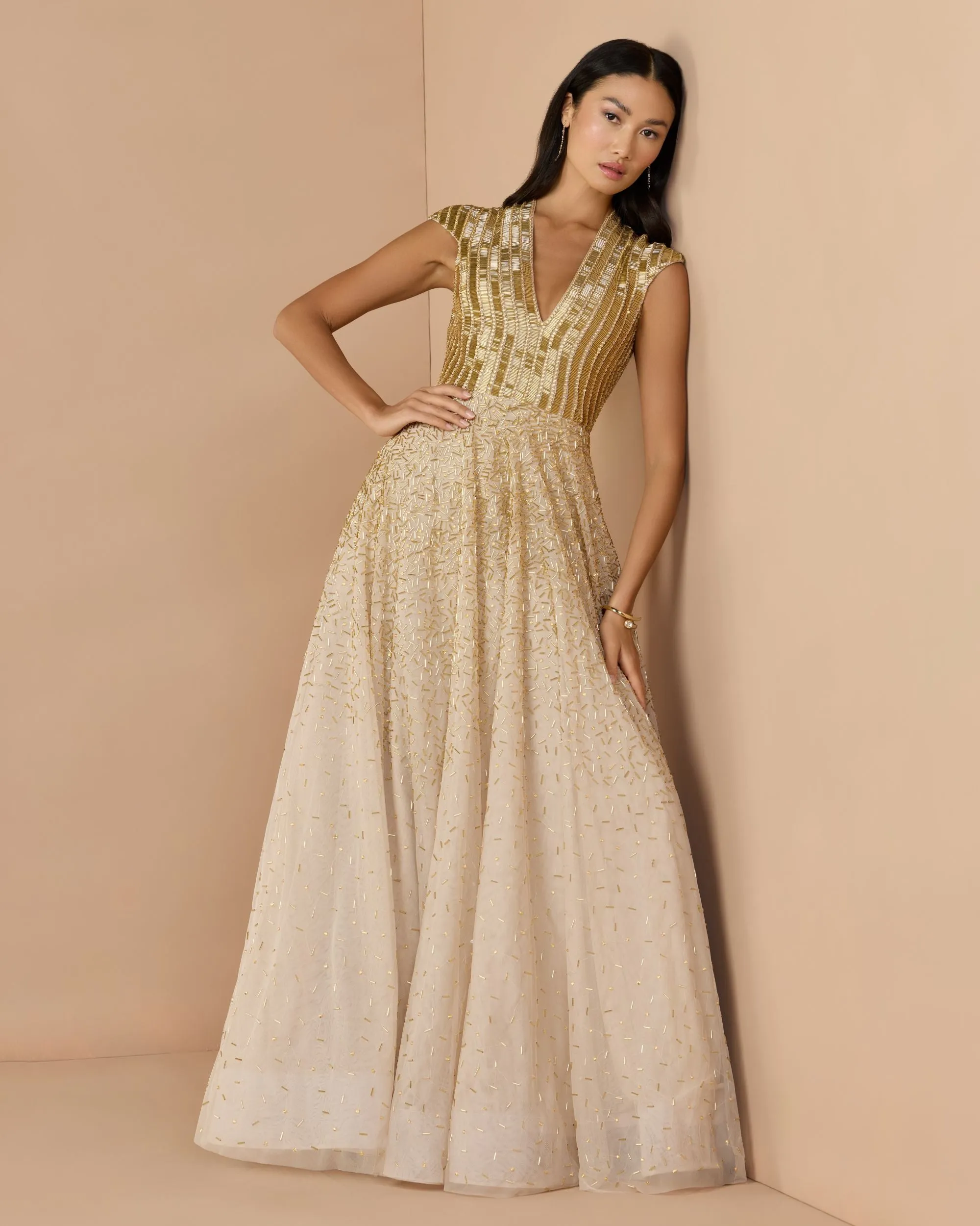 Gold V-Neck Beaded Tulle A-Line Gown sold by Mac Duggal product image thumbnail 3