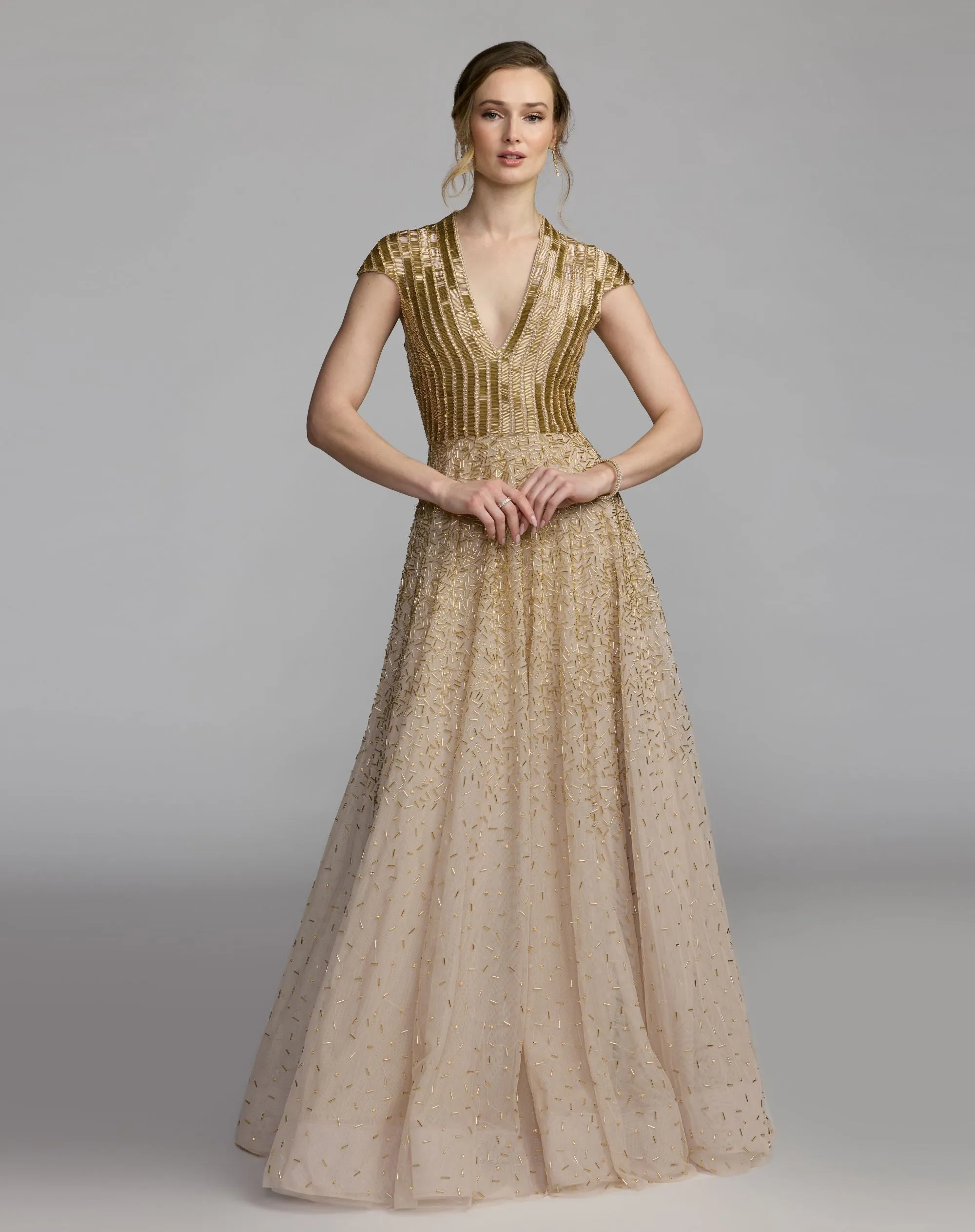 Gold V-Neck Beaded Tulle A-Line Gown sold by Mac Duggal product image thumbnail 4