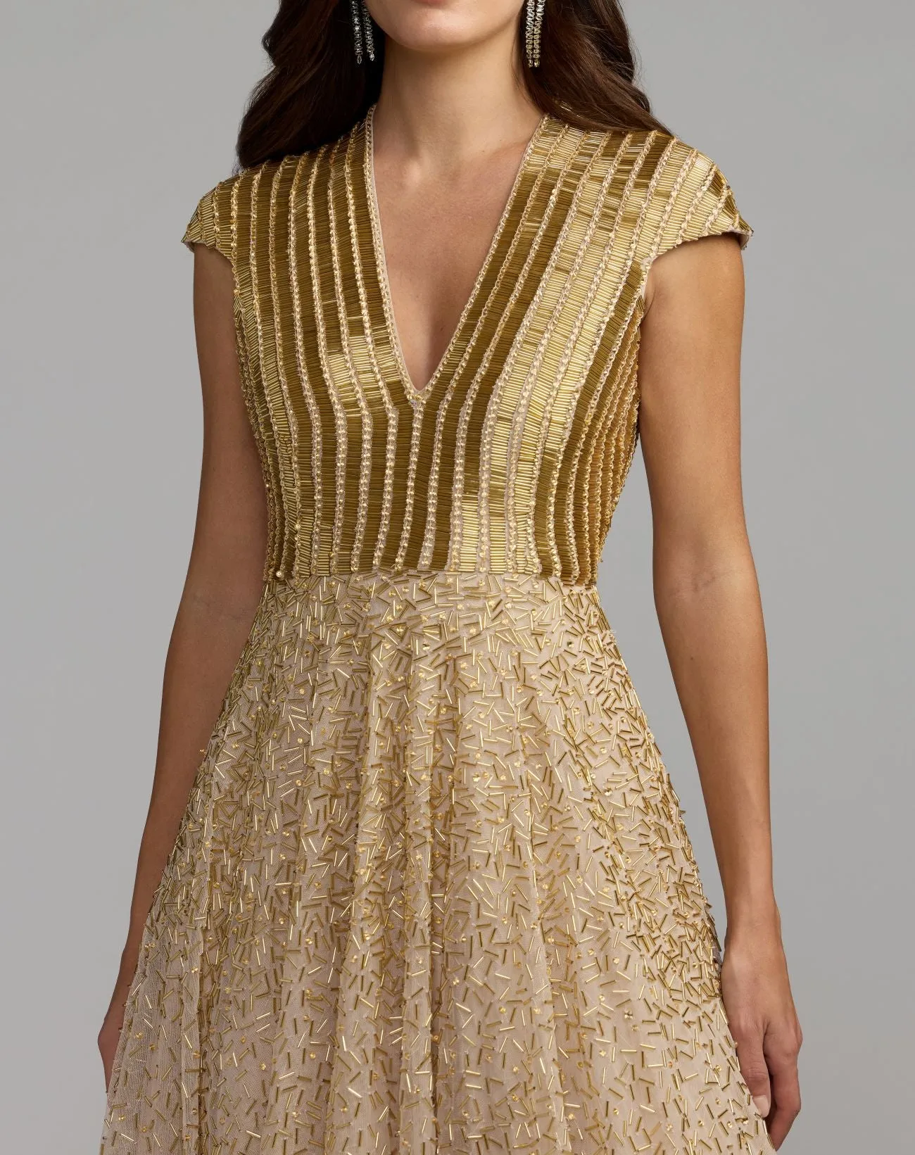 Gold V-Neck Beaded Tulle A-Line Gown sold by Mac Duggal product image thumbnail 5