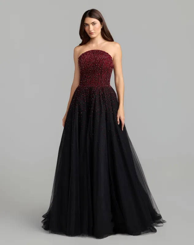 Red Black Embellished Tulle Strapless Ball Gown made by Mac Duggal