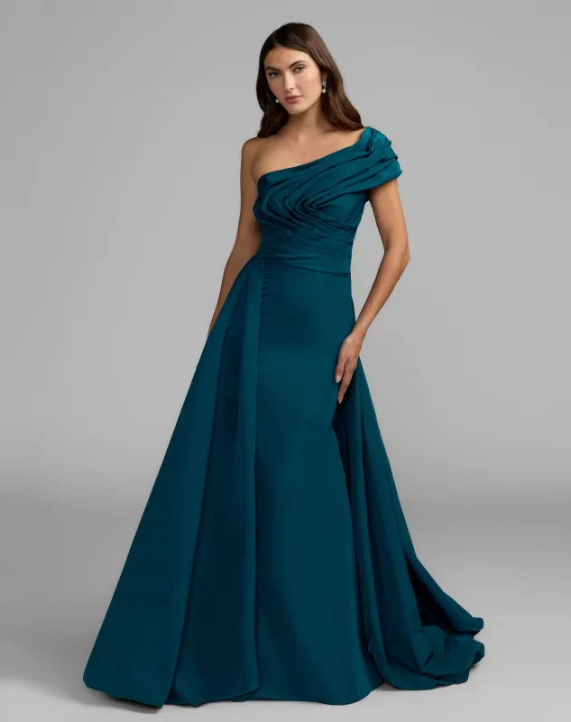 Ocean Pleated One Shoulder Gown With Overskirt made by Mac Duggal