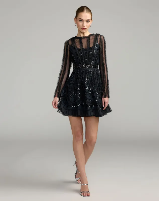 Black Nude Long Sleeve Sequin Ruffle Mini Dress made by Mac Duggal