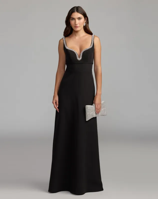 Black Crepe A-Line Gown With Rhinestone Trim made by Mac Duggal