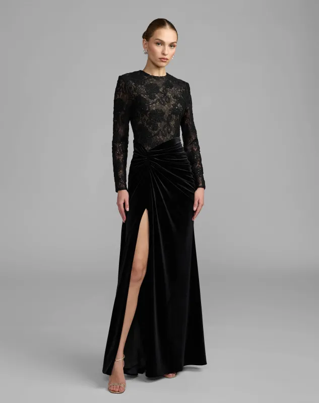 Embroidered Lace Velvet Long Sleeve Gown made by Mac Duggal