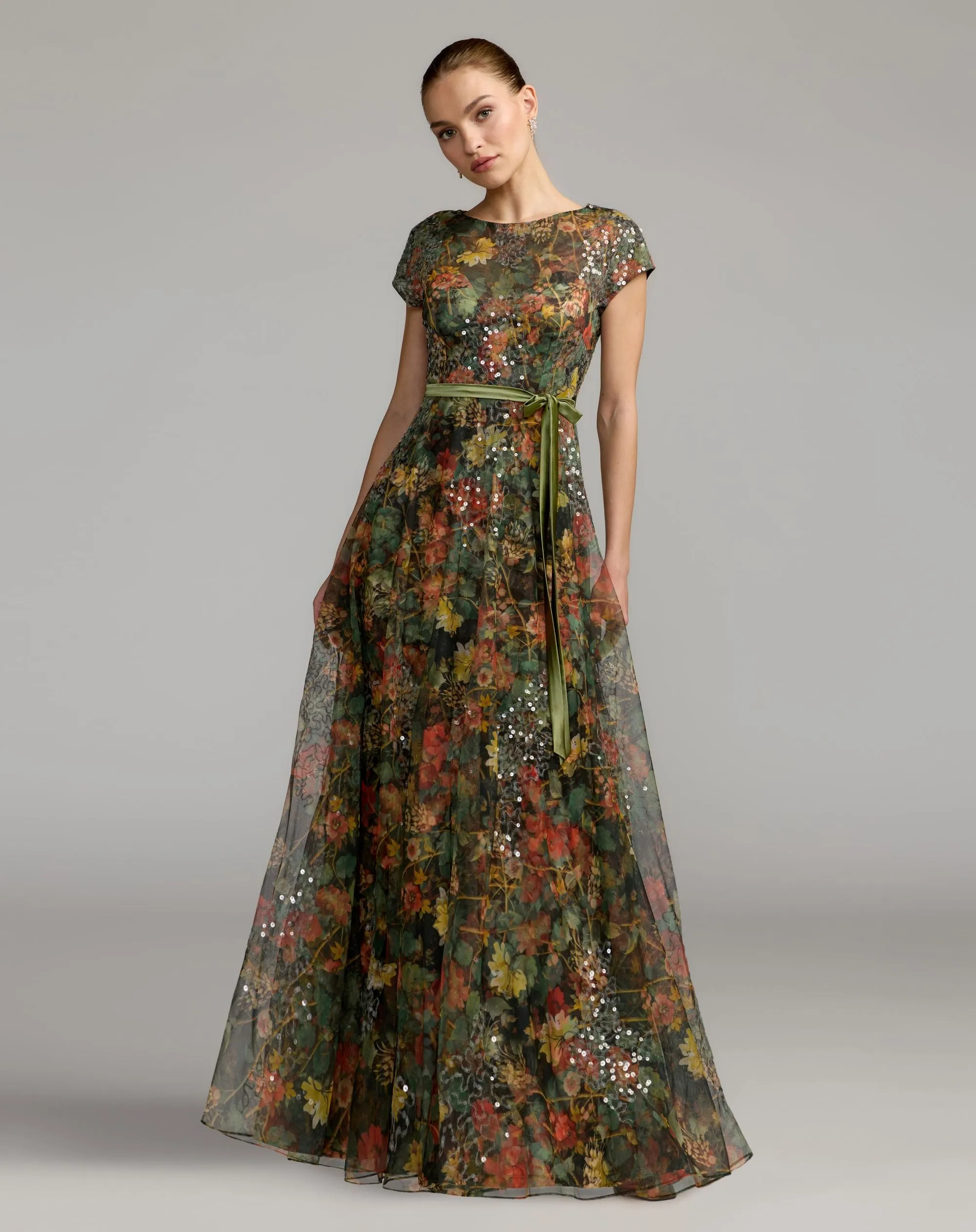 Charcoal Multi Floral Cap Sleeve A-Line Gown sold by Mac Duggal