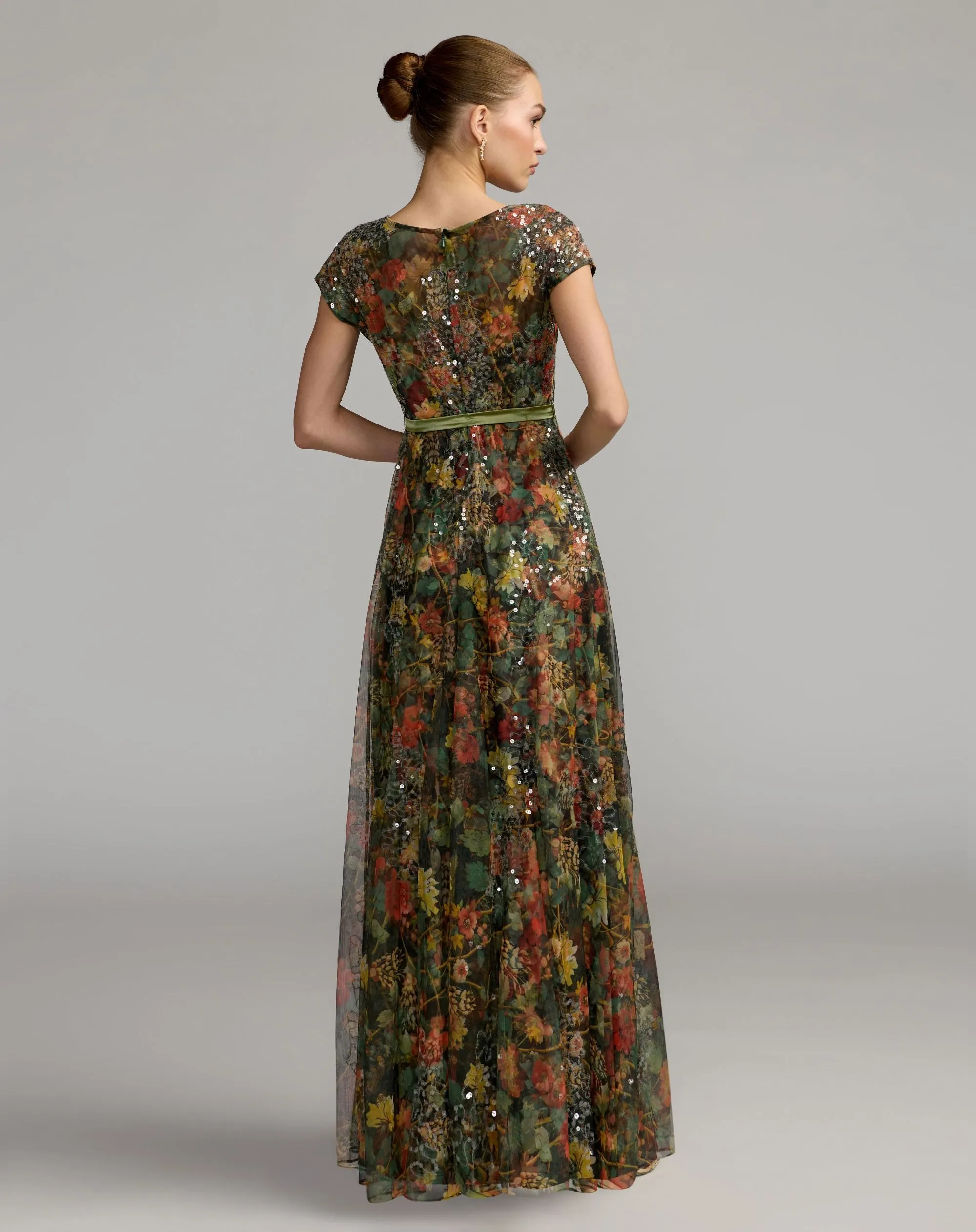 Charcoal Multi Floral Cap Sleeve A-Line Gown sold by Mac Duggal product image thumbnail 3