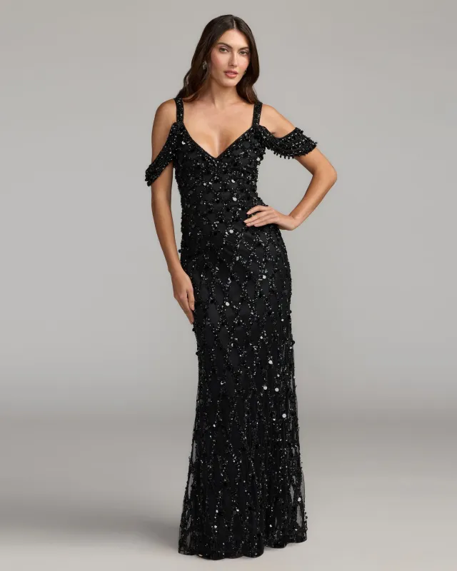 Black Sequin Embellished V-Neck Gown made by Mac Duggal