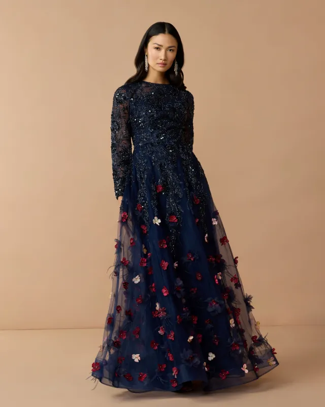 Midnight Multi Beaded Floral A Line Gown With Feathers made by Mac Duggal