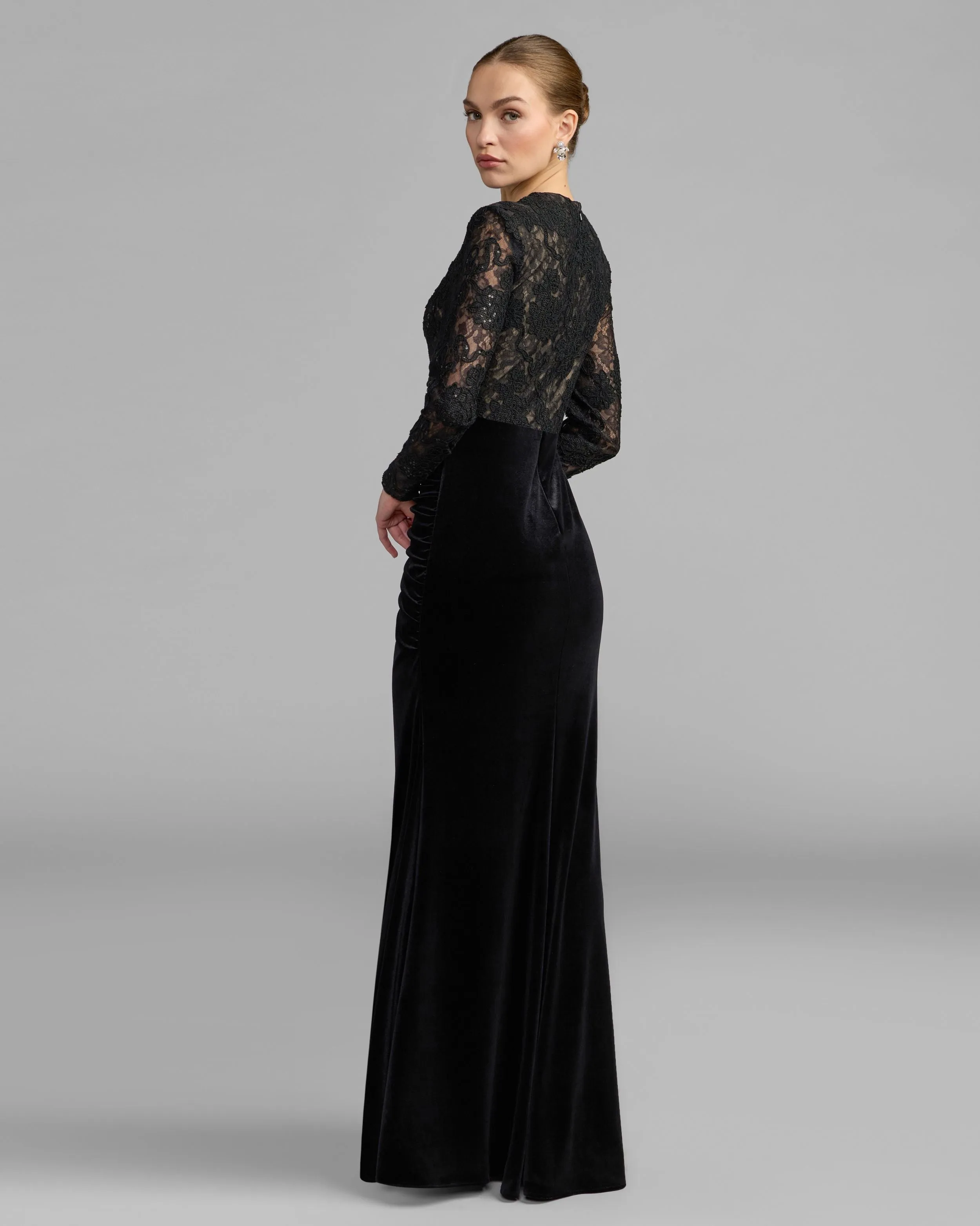 Black Nude Embroidered Lace Velvet Long Sleeve Gown sold by Mac Duggal product image thumbnail 4