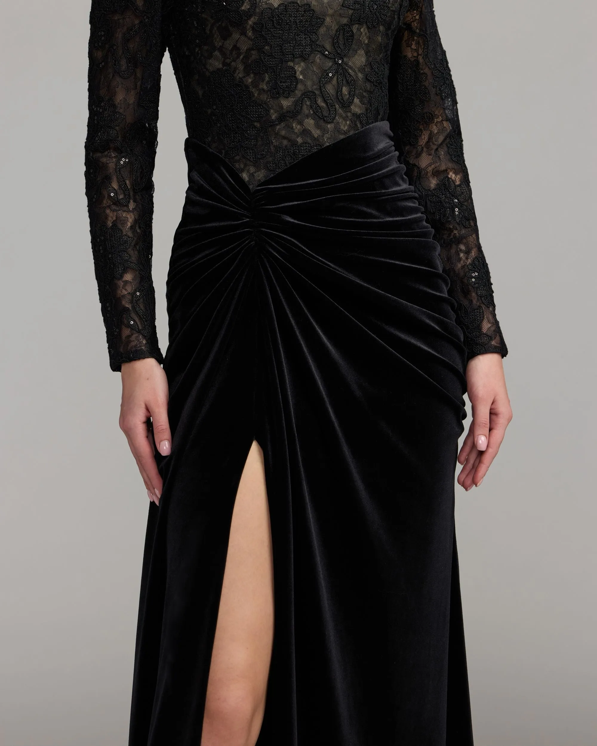 Black Nude Embroidered Lace Velvet Long Sleeve Gown sold by Mac Duggal product image thumbnail 3