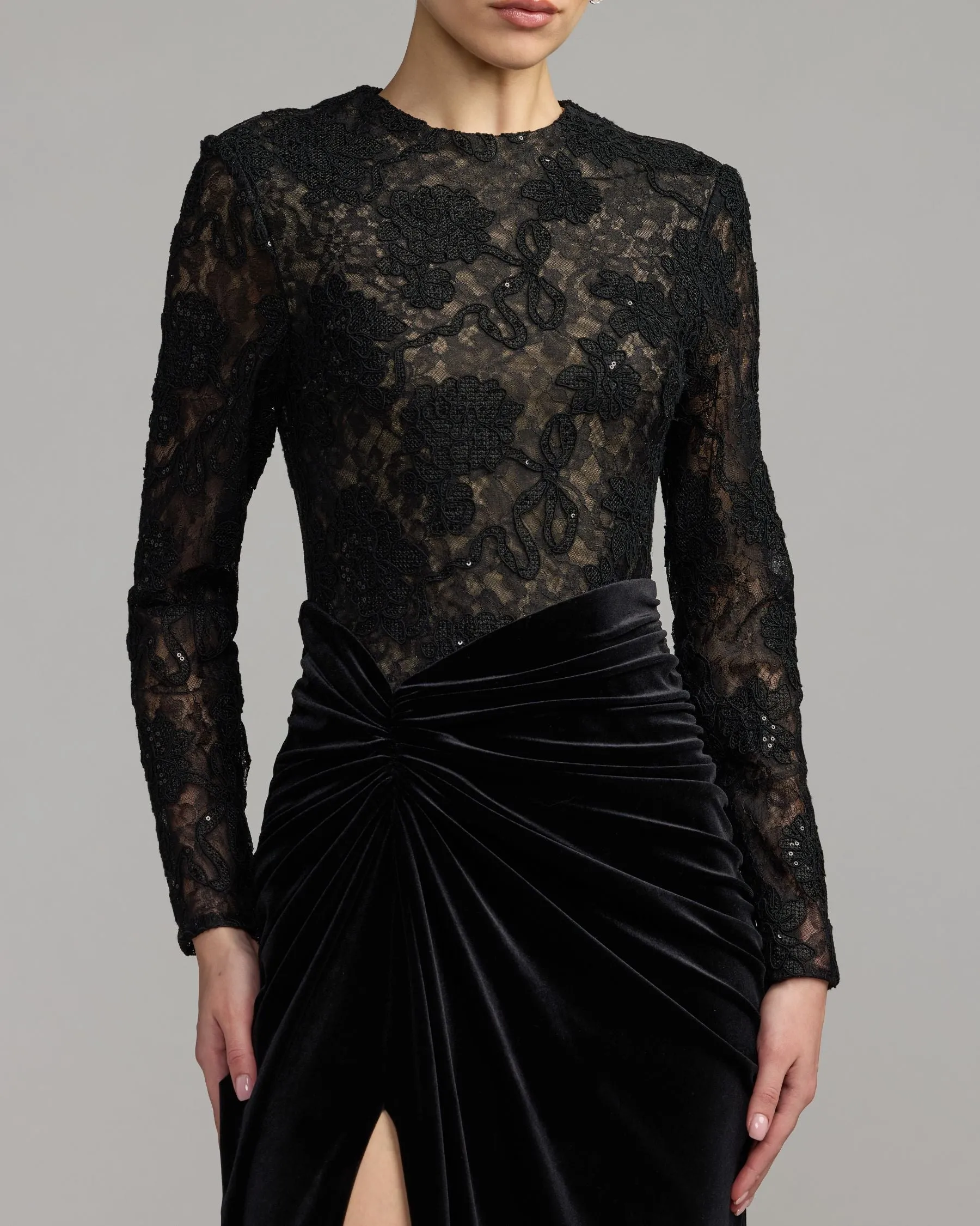 Black Nude Embroidered Lace Velvet Long Sleeve Gown sold by Mac Duggal product image thumbnail 2
