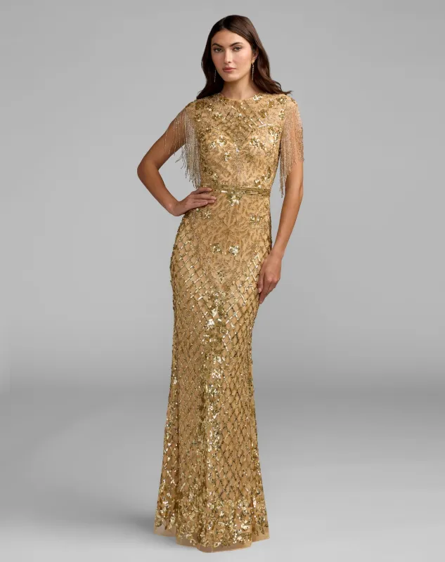 Gold High Neck Beaded Fringe Fitted Gown made by Mac Duggal