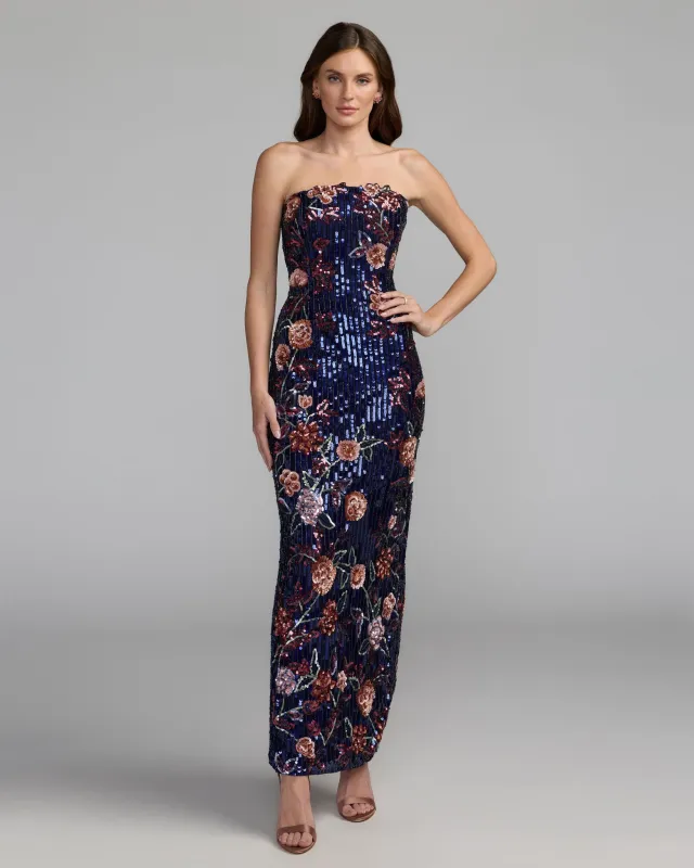 Midnight Multi Floral Embellished Strapless Column Dress made by Mac Duggal