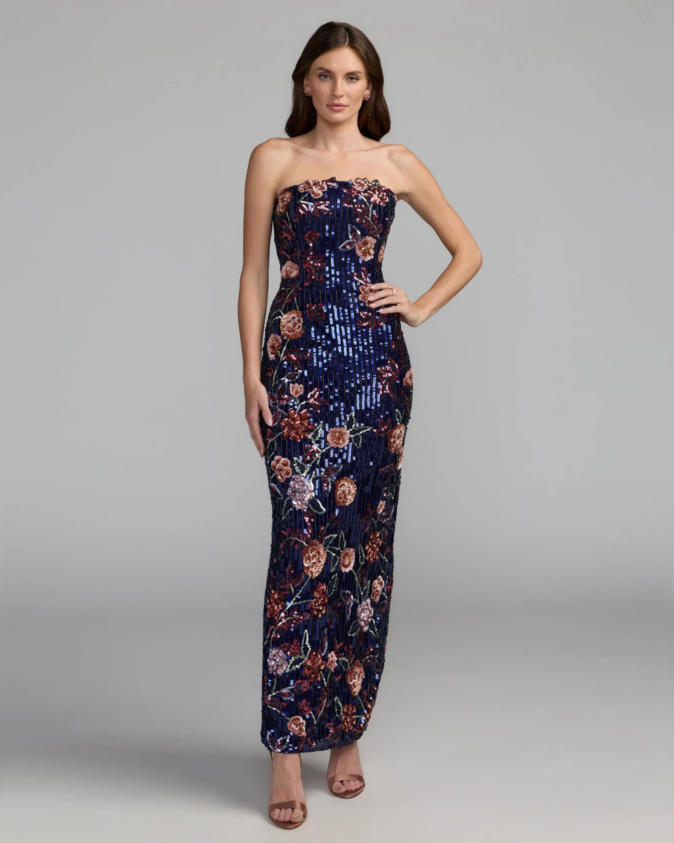 Midnight Multi Floral Embellished Strapless Column Dress sold by Mac Duggal