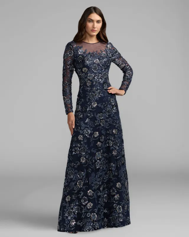 Midnight Embellished Floral Long Sleeve A-Line Gown made by Mac Duggal