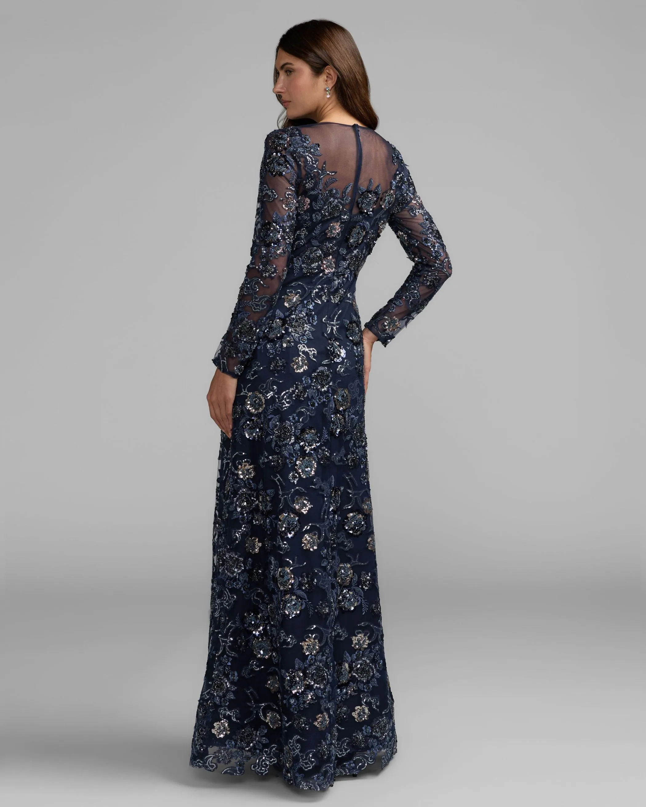 Midnight Embellished Floral Long Sleeve A-Line Gown sold by Mac Duggal product image thumbnail 3