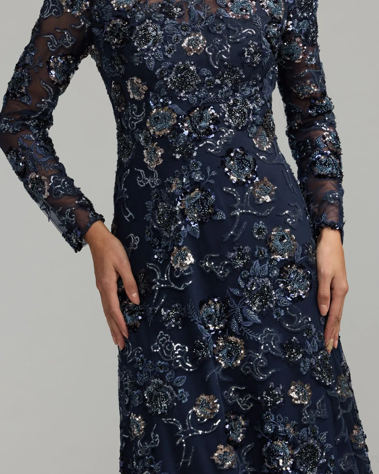 Midnight Embellished Floral Long Sleeve A-Line Gown sold by Mac Duggal product image thumbnail 2