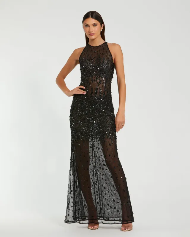 Black Embellished Sheer Halter Gown made by Mac Duggal