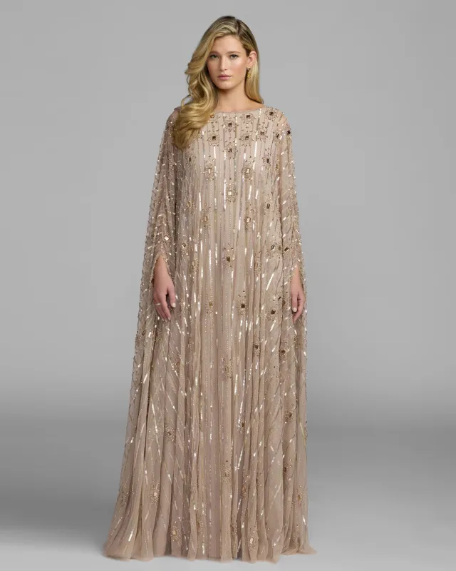 Champagne Beaded Boat Neck Kaftan Gown made by Mac Duggal