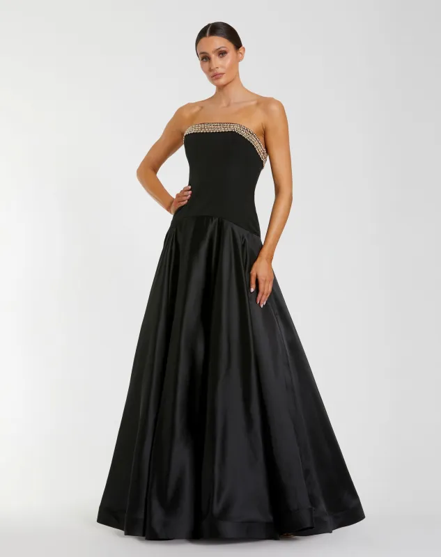 Black Strapless Crepe Bodice Gown With Satin Skirt made by Mac Duggal