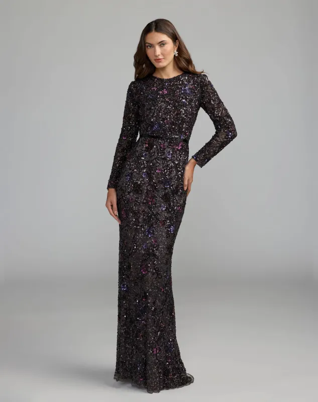 Plum Embellished Floral Long Sleeve Gown made by Mac Duggal