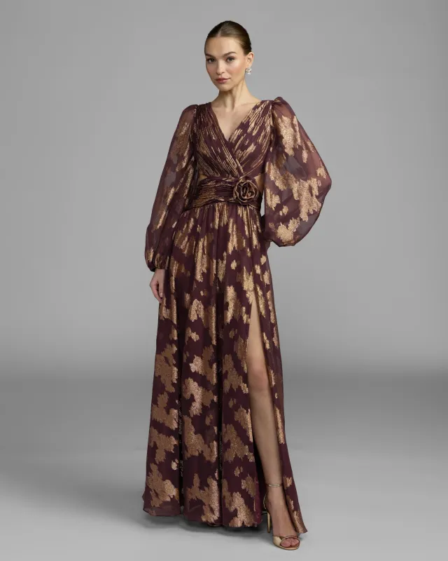 Wine Metallic Burnout Rosette A-Line Gown made by Mac Duggal