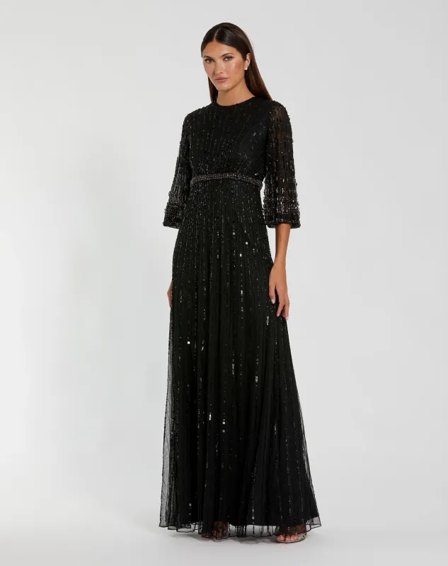 Petite Black High Neck Embellished Gown With 3/4 Sleeves made by Mac Duggal