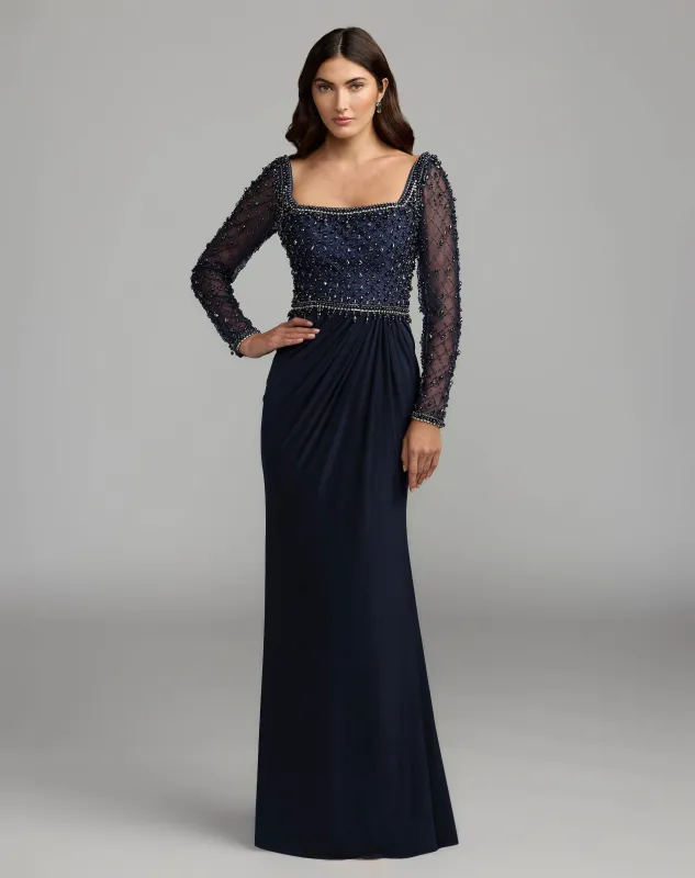 Midnight Embellished Illusion Long Sleeve Column Gown made by Mac Duggal