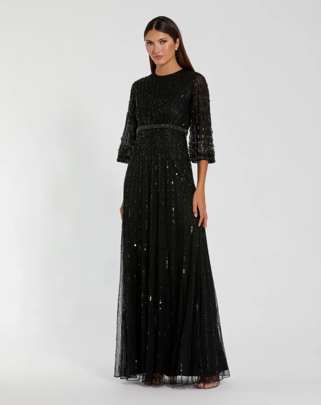 Black High Neck Embellished Gown With 3/4 Sleeves made by Mac Duggal