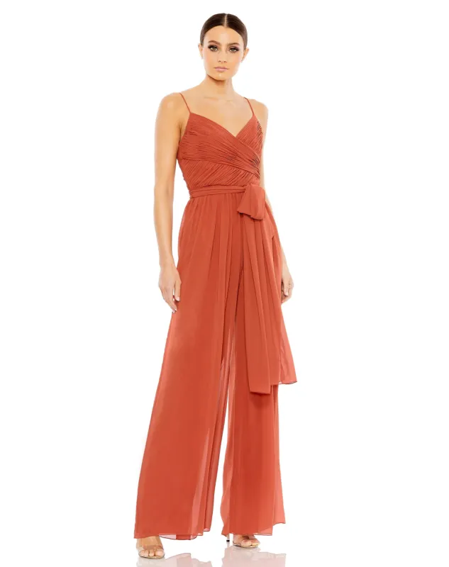 Orange Ruched Sleeveless Tie Jumpsuit sold by Mac Duggal
