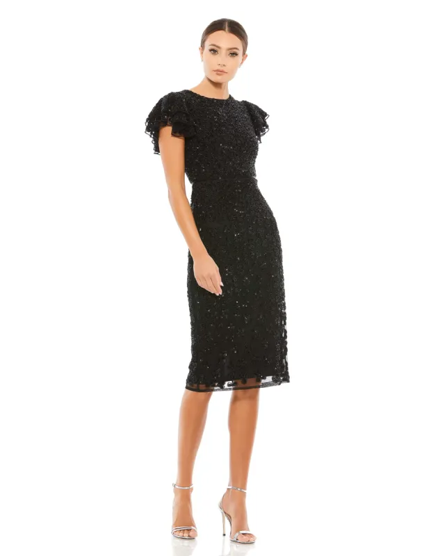 Flounce Sleeve Beaded Midi Dress sold by Mac Duggal