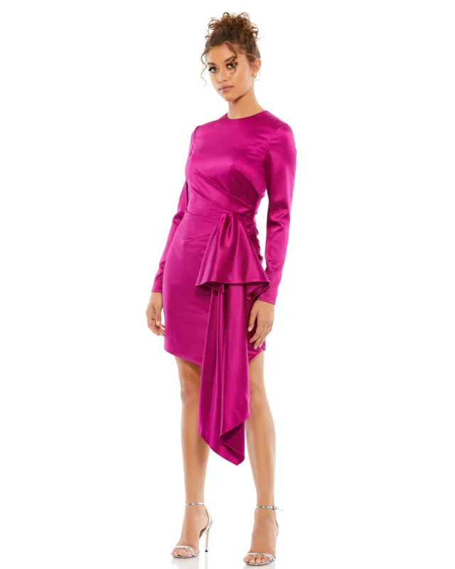 Purple Asymmetrical Draped Long Sleeve Mini Dress sold by Mac Duggal