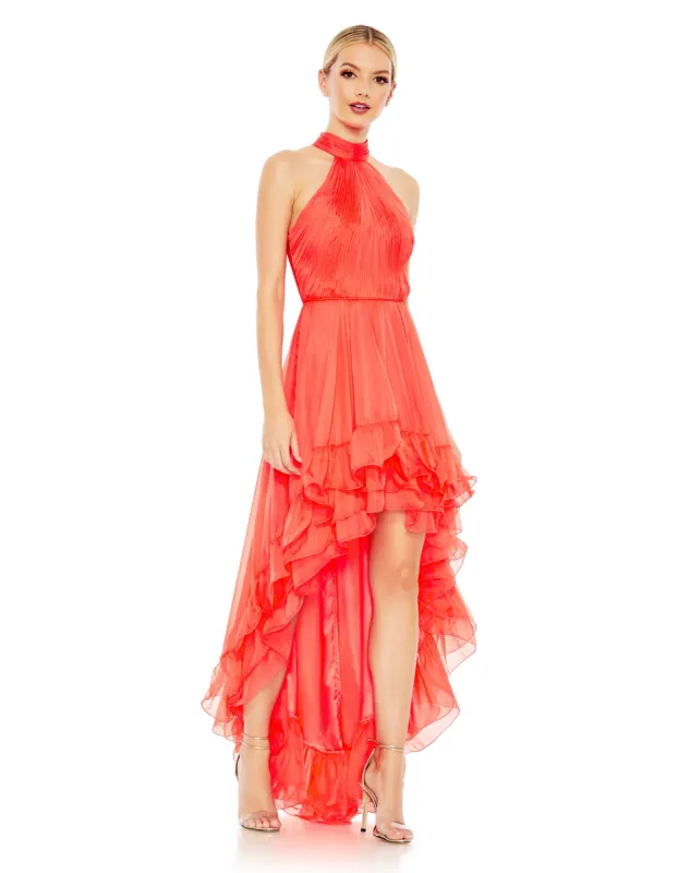 Orange Ruffle Tiered High Low Pleated Halter Neck Gown sold by Mac Duggal