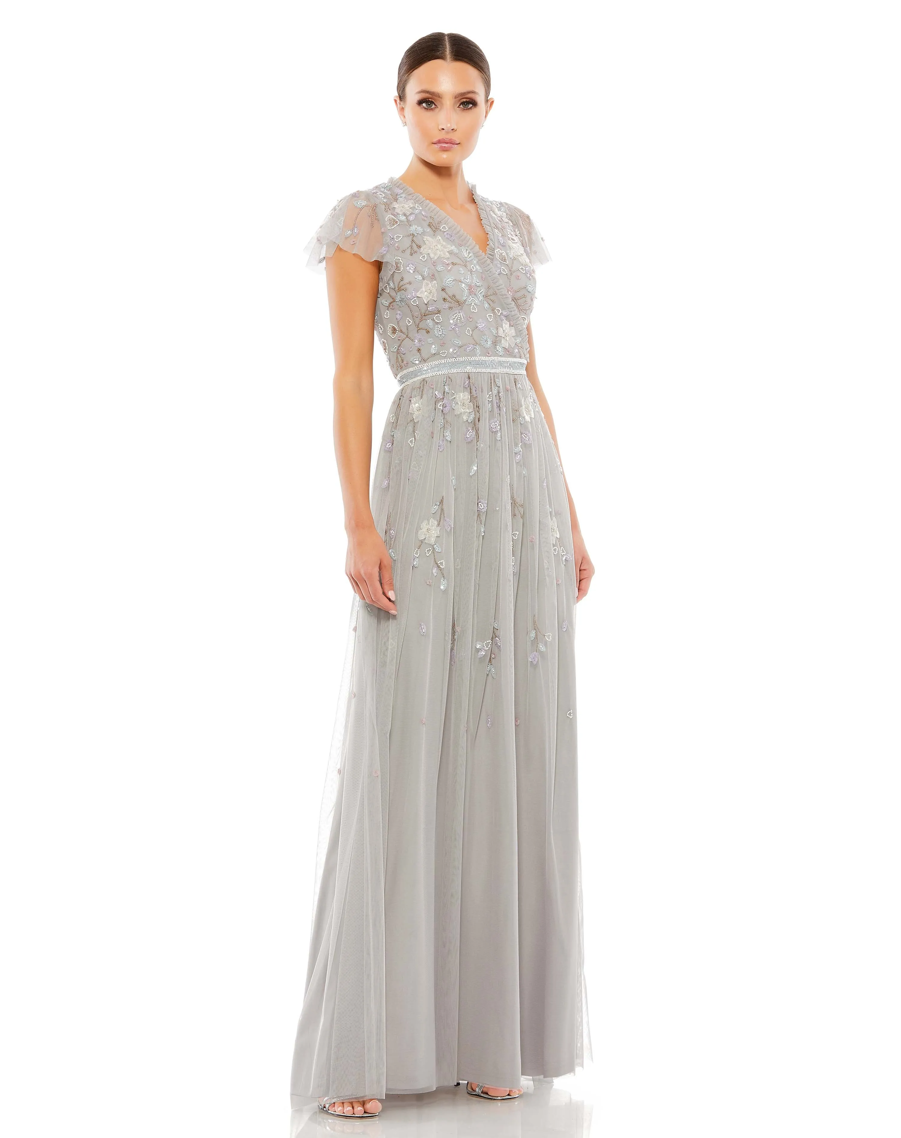 Embellished Asymmetrical Wrap Bodice Cap Sleeve Gown sold by Mac Duggal